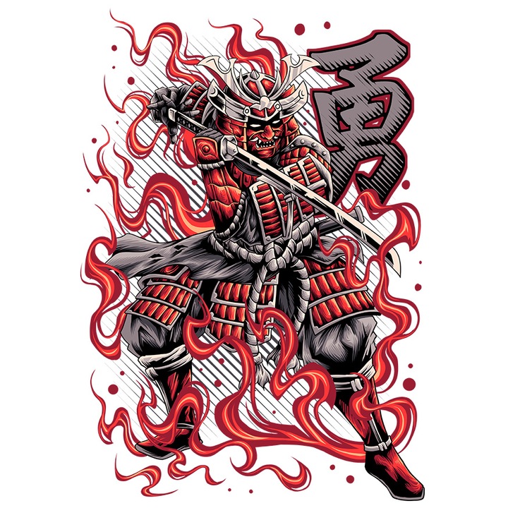 Sticker Cu Samurai, Monstru, Omi, Demon, Katana, Armura, Flacari, cu Margini Albe, PVC Vinyl 15 cm