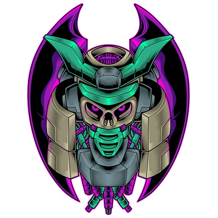 Sticker Cu Robot, Samurai, Mecha, Sci Fi, Aripi, Cabluri, cu Margini Albe, PVC Vinyl 28 cm