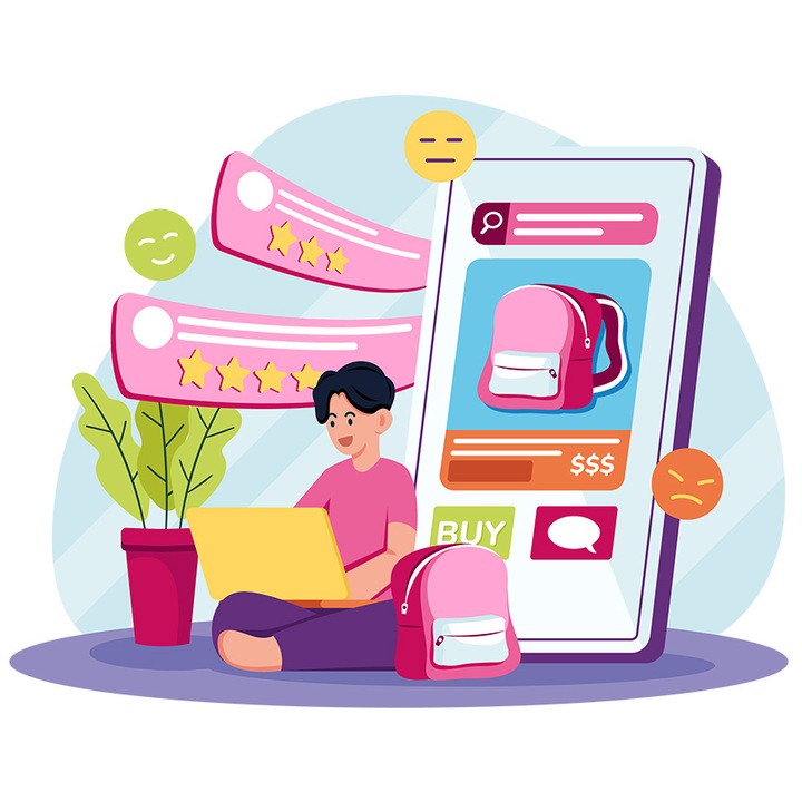 Sticker Cu Recenzii, Cumparaturi, Ghiozdan, Laptop, cu Margini Albe, PVC Vinyl 40 cm