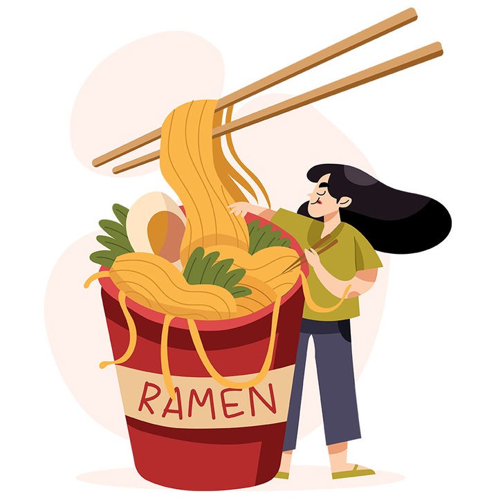 Sticker Cu Ramen, Taitei, Betisoare, Asiatic, Mancare, Ou, Legume, cu Margini Albe, PVC Vinyl 40 cm