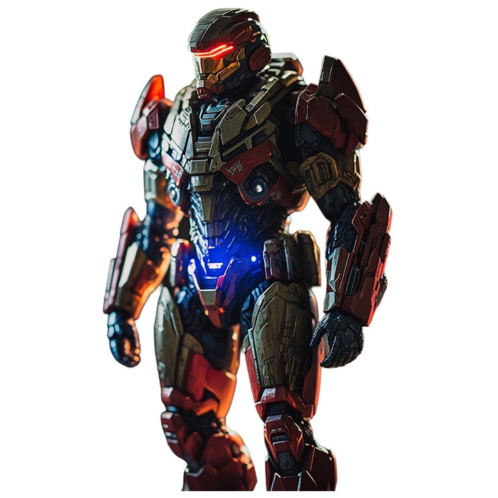 Sticker cu Portret Robot Futuristic, Robot de Metal, Lumina Rosie si Albastra, Sci-Fi, Viitor, cu Margini Albe, PVC Vinyl 10 cm