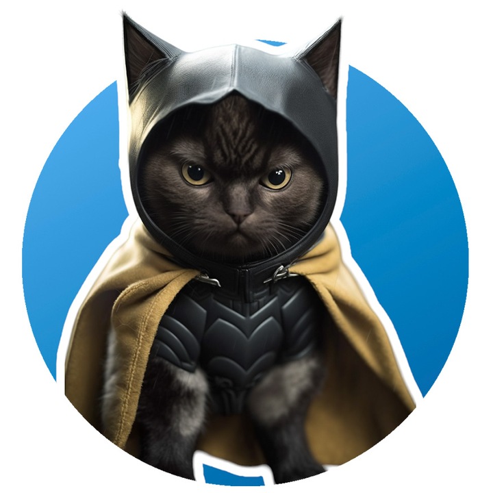 Sticker cu Portret Pisica Supererou, Pisica in Custom de Batman, Pisica Customata cu Pelerina, Pisica Fioroasa, Iubitori de Pisici, Iubitori de animale, cu Margini Albe, PVC Vinyl 40 cm