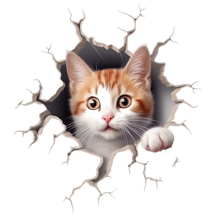 Sticker Cu Pisica cu Portocaliu si Alb Care iese din Zid, Adorabil, Animale, Iubitorii de Pisici, cu Margini Albe, PVC Vinyl 10 cm