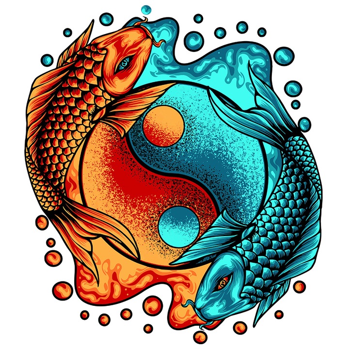 Sticker Cu Pesti Koi, Ying Yang, Balanta, Asiatic, cu Margini Albe, PVC Vinyl 40 cm