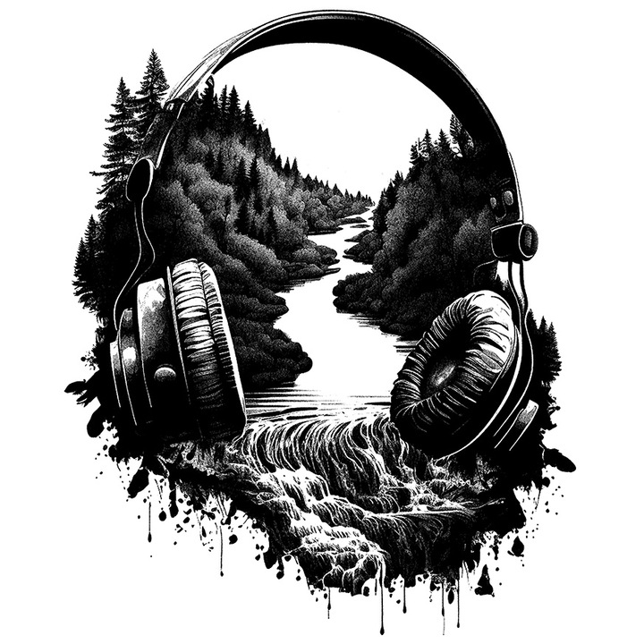 Sticker Cu Peisaj, Muzica, Casti, Rau, Padure, Cascada, Iubitori De Natura, Alb-Negru cu Margini Albe, PVC Vinyl 40 cm