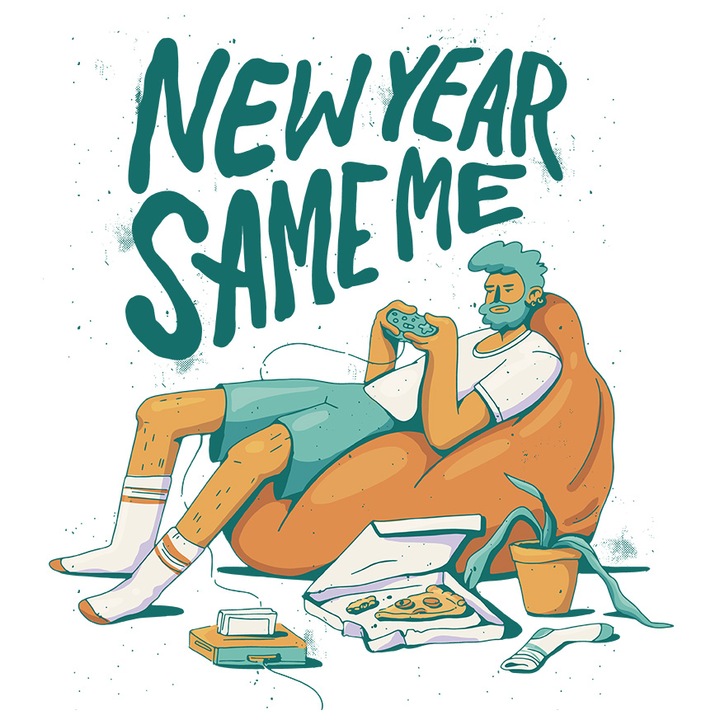 Sticker Cu New Year Same Me, Pizza, Controller, Barbat, cu Margini Albe, PVC Vinyl 70 cm