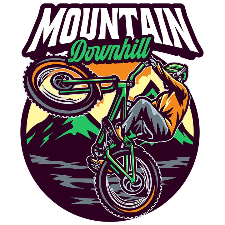 Sticker Cu Mountain Downhill: Bicicleta, Sport, Casca, Munti, Apus, cu Margini Albe, PVC Vinyl 15 cm