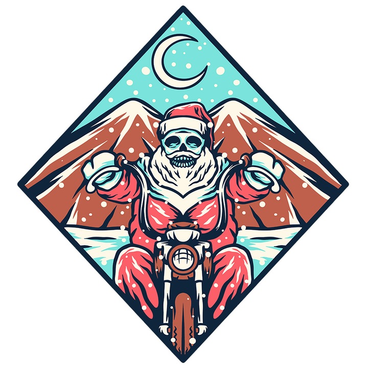 Sticker Cu Mos Craciun, Motocicleta, Schelet, Ninsoare, cu Margini Albe, PVC Vinyl 28 cm