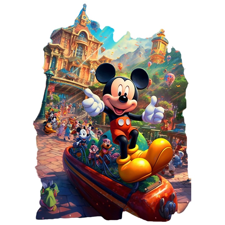 Sticker Cu Mickey Mouse, Disney, Persoane, Desene Animate, Palat, Munte, cu Margini Albe, PVC Vinyl 40 cm