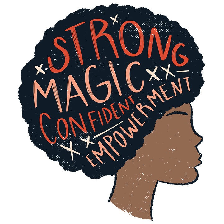 Sticker Cu Mesaj Inspirational In Engleza, Femeie, Afro, Incredere, cu Margini Albe, PVC Vinyl 23 cm