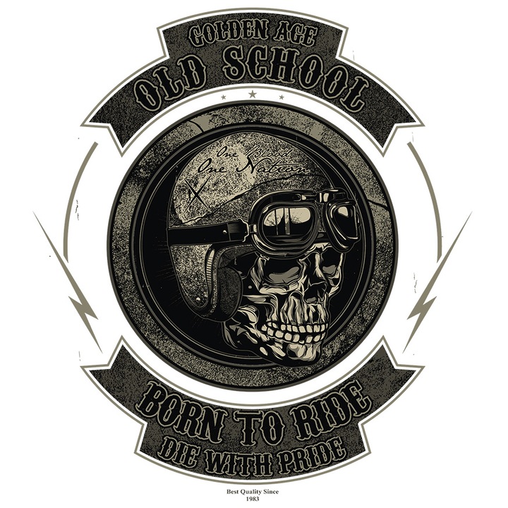 Sticker Cu Mesaj In Engleza, Craniu, Casca, Motocicleta, Fulger, cu Margini Albe, PVC Vinyl 15 cm