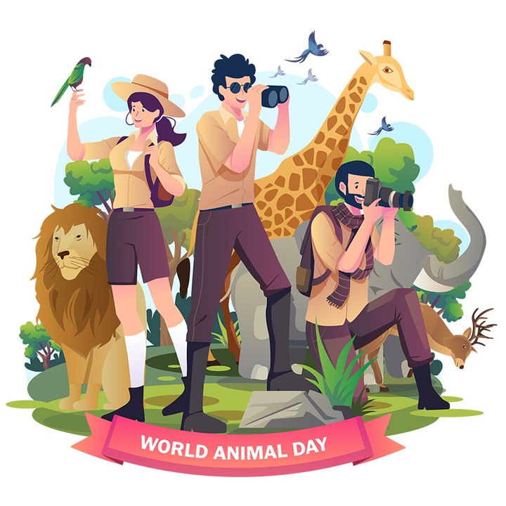 Sticker Cu Mesaj In Engleza Worlds Animal Day, Leu, Girafa, Exploratori, Fotografi, Papagali, Natura, cu Margini Albe, PVC Vinyl 40 cm