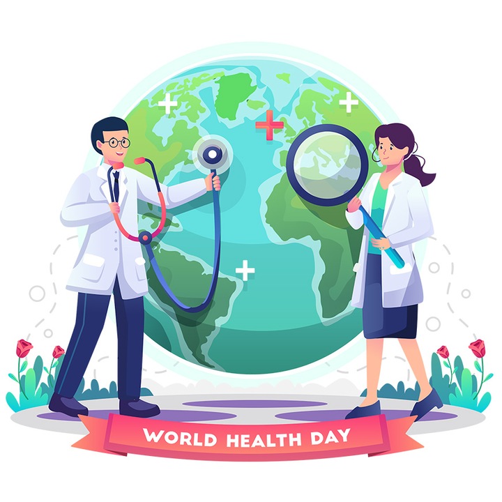 Sticker Cu Mesaj In Engleza World Health Day, Glob Pamantesc, Doctori, Mondial, Sanatate, Lupa, cu Margini Albe, PVC Vinyl 10 cm