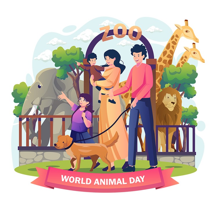 Sticker Cu Mesaj In Engleza World Animal Day, Zoo, Ziua Animalelor, Familie, Leu, Elefant, cu Margini Albe, PVC Vinyl 40 cm