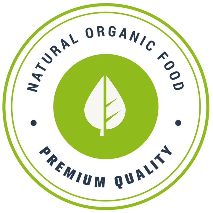 Sticker Cu Mesaj In Engleza Natural Organic Food, Mancare Bio, Frunza, Cerc, Buline, cu Margini Albe, PVC Vinyl 10 cm