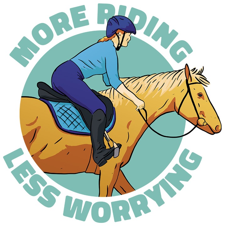 Sticker Cu Mesaj In Engleza More Riding Less Worrying, Calarie, cu Margini Albe, PVC Vinyl 10 cm