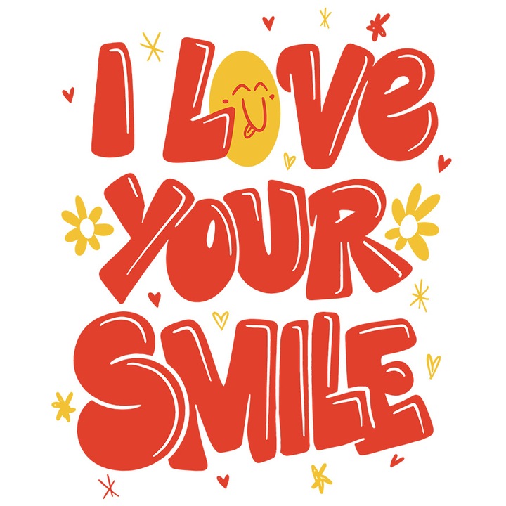 Sticker Cu Mesaj In Engleza I Love Your Smile, Flori, Inimi, Hippie, cu Margini Albe, PVC Vinyl 10 cm