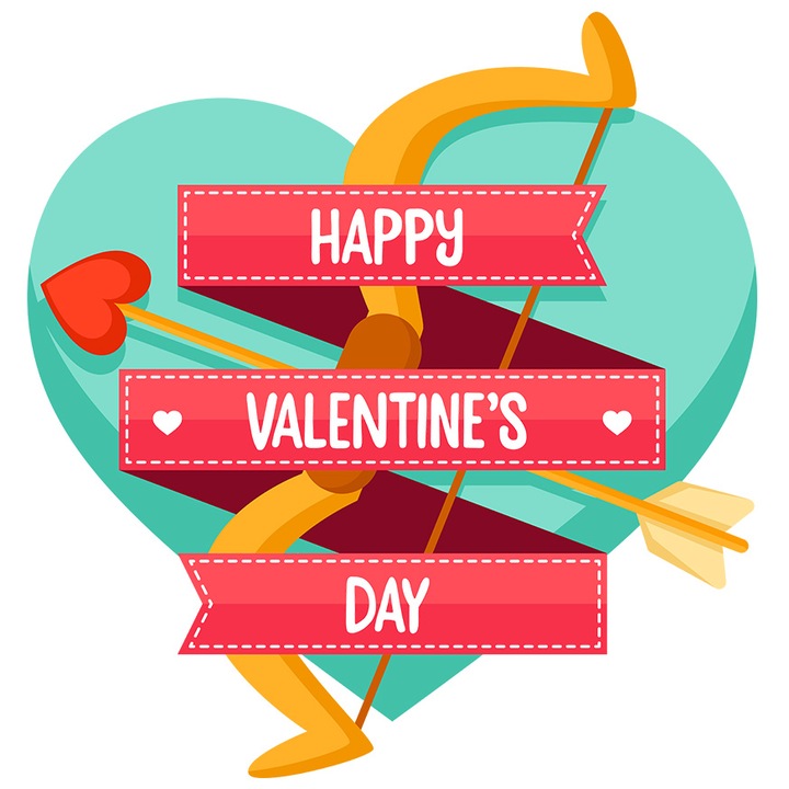 Sticker Cu Mesaj In Engleza Happy Valentine's Day, Inima, Sageata, Arc, cu Margini Albe, PVC Vinyl 10 cm