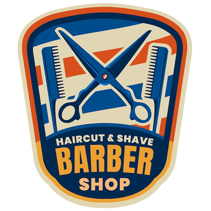 Sticker Cu Mesaj In Engleza Haircut & Shave Barber Shop, Frizerie, cu Margini Albe, PVC Vinyl 15 cm