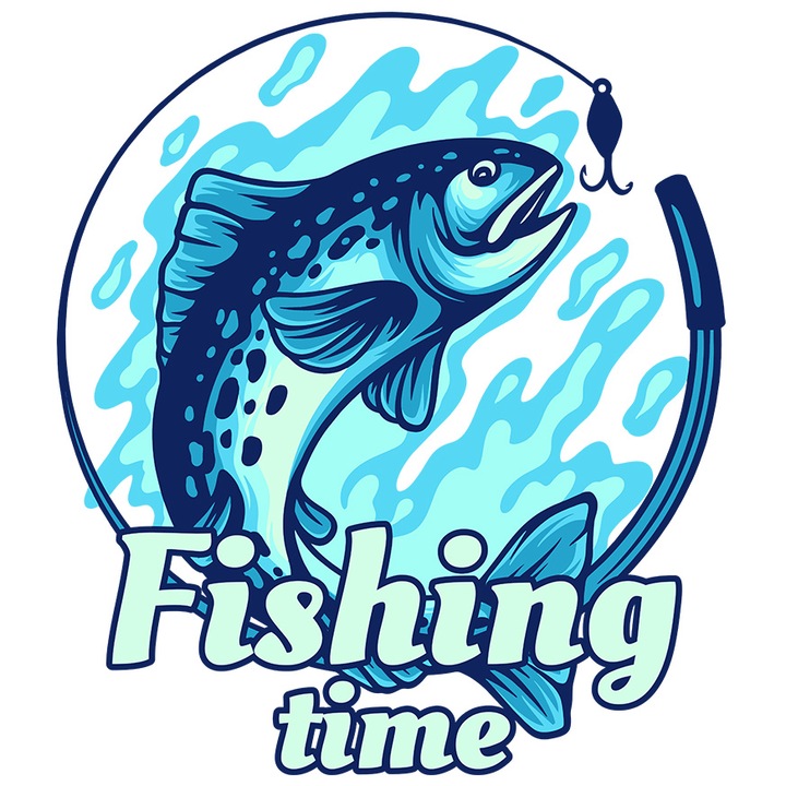 Sticker Cu Mesaj In Engleza Fishing Time, Peste, Pescuit, Apa, cu Margini Albe, PVC Vinyl 70 cm