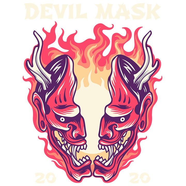 Sticker Cu Mesaj In Engleza Devil Mask, Flacari, Oni, Monstru, cu Margini Albe, PVC Vinyl 10 cm
