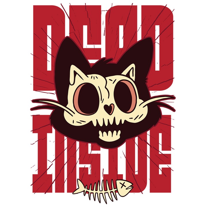 Sticker Cu Mesaj In Engleza Dead Inside, Pisica, Craniu, Oase, Peste, cu Margini Albe, PVC Vinyl 40 cm