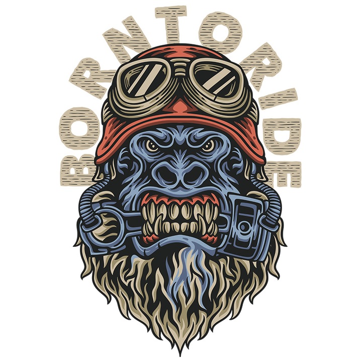 Sticker Cu Mesaj In Engleza Born To Ride, Gorila, Casca, Ochelari, Motor, cu Margini Albe, PVC Vinyl 10 cm