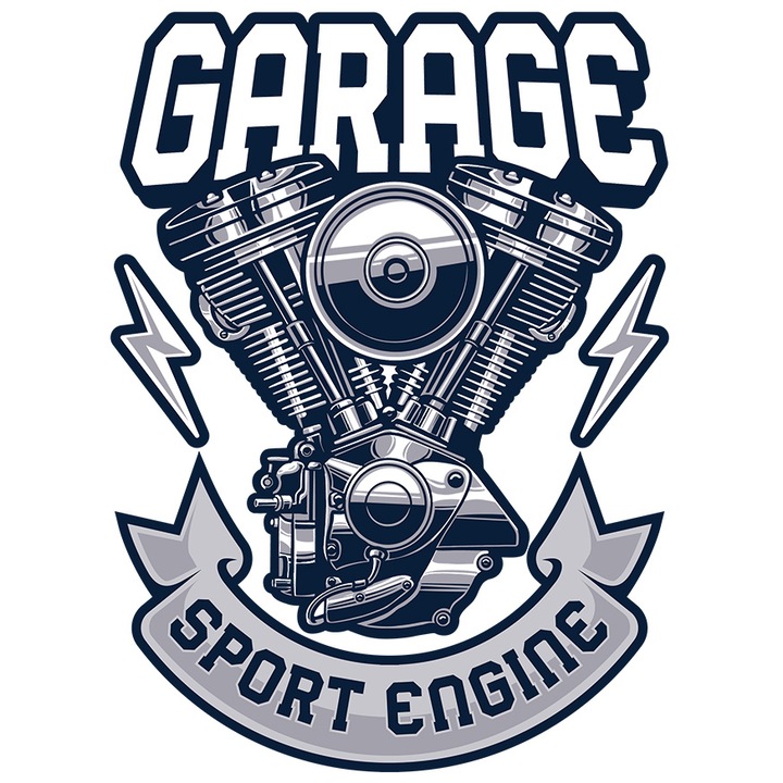 Sticker Cu Mesaj Garage Sport Engine, Motor, Fulger, Emblema, cu Margini Albe, PVC Vinyl 90 cm