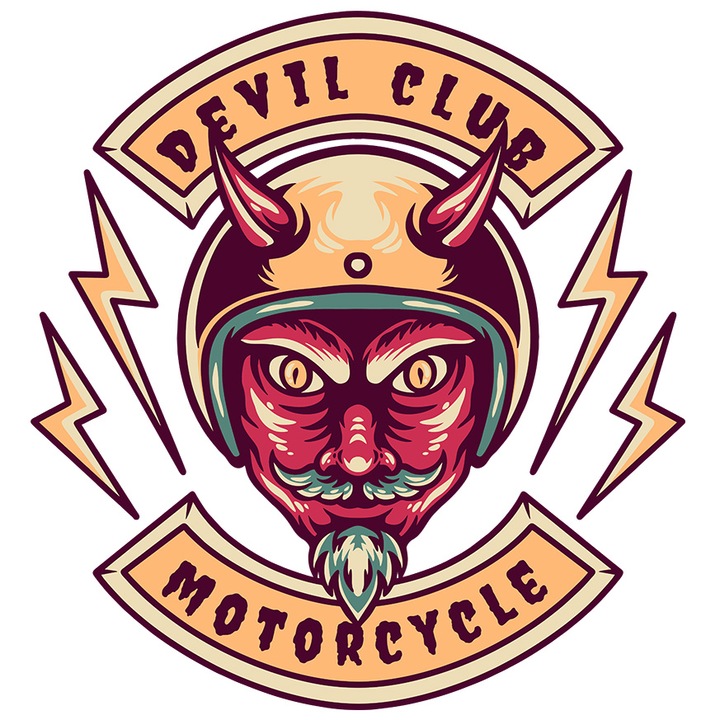 Sticker Cu Mesaj Devil Club Motorcycle, Diavol, Fulgere, Casca, cu Margini Albe, PVC Vinyl 15 cm