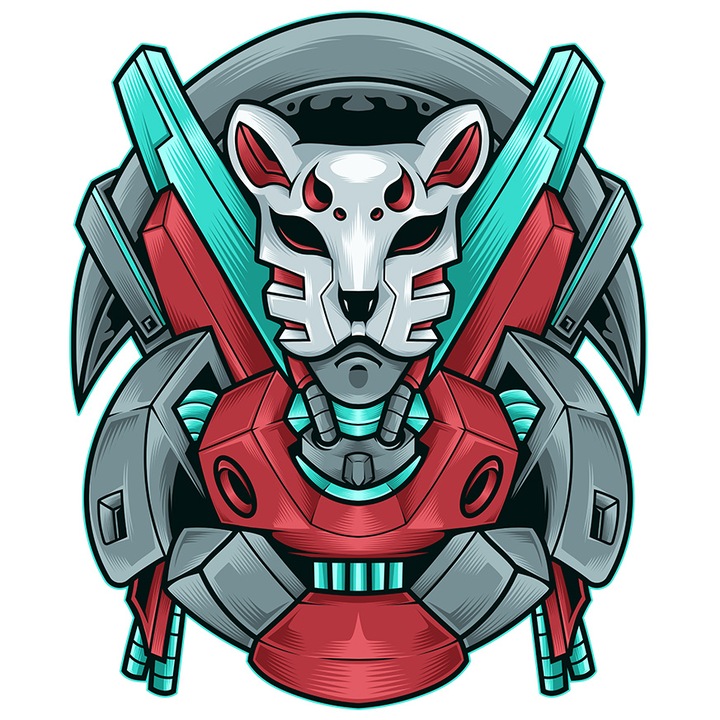 Sticker Cu Masca, Robot, Cyberpunk, Sci Fi, Japonez, cu Margini Albe, PVC Vinyl 15 cm