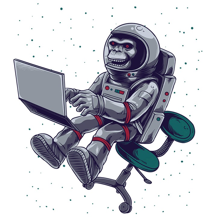 Sticker Cu Maimuta, Spatium Laptop, Astronaut, cu Margini Albe, PVC Vinyl 15 cm