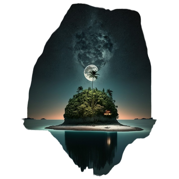 Sticker Cu Insula sub Luna, Palmieri, Nisip, cu Margini Albe, PVC Vinyl 40 cm