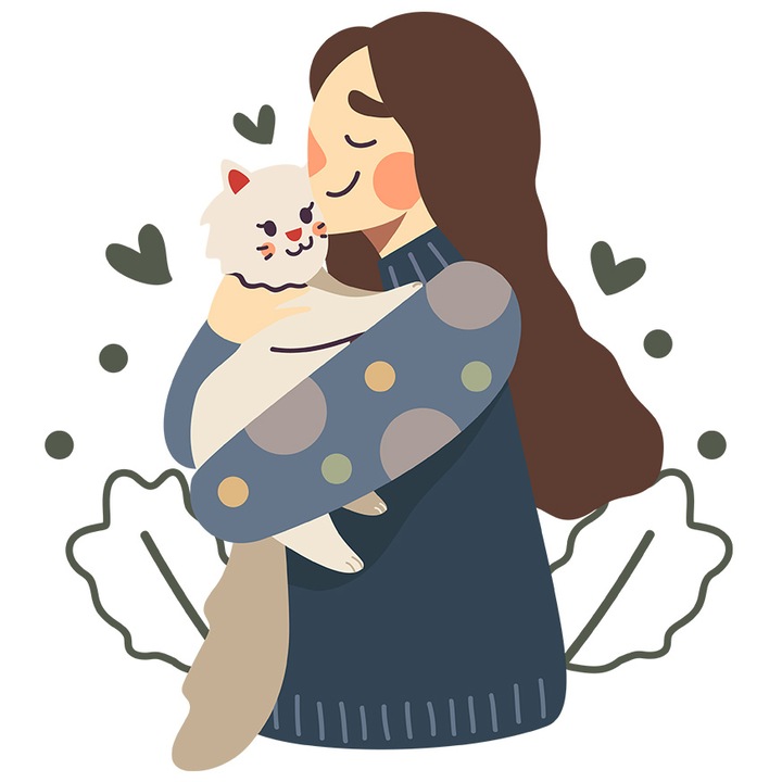 Sticker Cu Fata, Pisica, Frunze, Buline, Inimi, Iubitori De Animale, cu Margini Albe, PVC Vinyl 10 cm