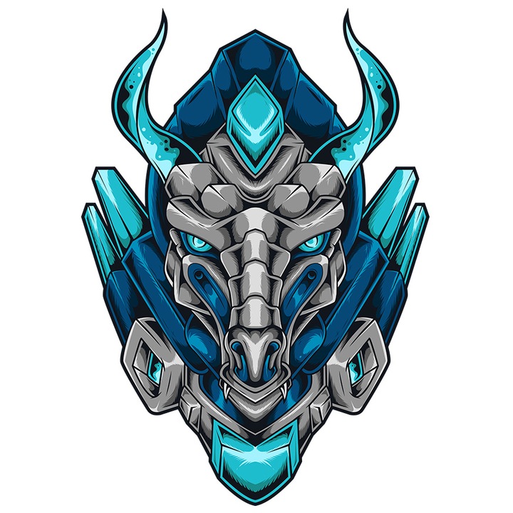 Sticker Cu Dragon, Mecha, Robot, Sci Fi, Cyberpunk, Coarne, cu Margini Albe, PVC Vinyl 15 cm