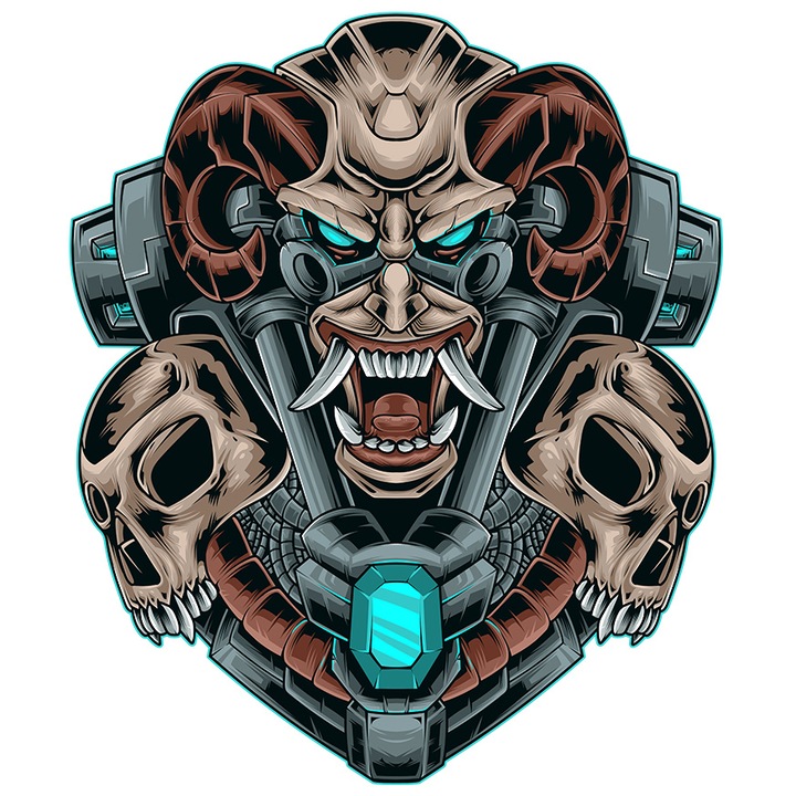 Sticker Cu Demon, Coarne, Mecha, Cranii, Robot, Sci Fi, cu Margini Albe, PVC Vinyl 90 cm