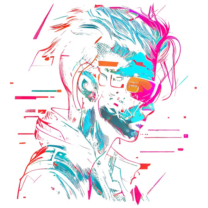 Sticker Cu Cyberpunk, Glitch, Ochelari, Robot, SF, Jacheta, cu Margini Albe, PVC Vinyl 28 cm