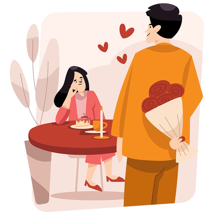 Sticker Cu Cuplu, Cina, Inimi, Buchet De Flori, Tort, cu Margini Albe, PVC Vinyl 23 cm