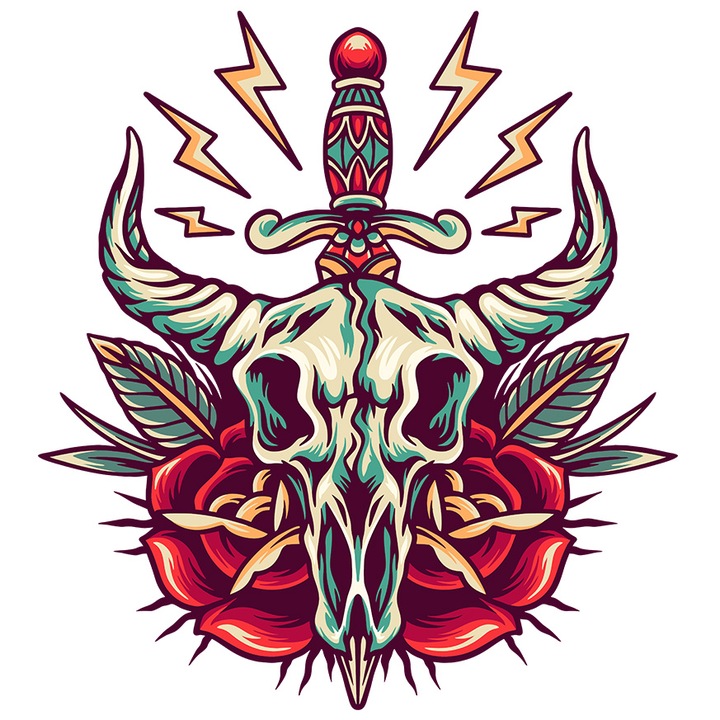 Sticker Cu Craniu, Pumnal, Trandafiri, Frunze, Fulgere, cu Margini Albe, PVC Vinyl 10 cm