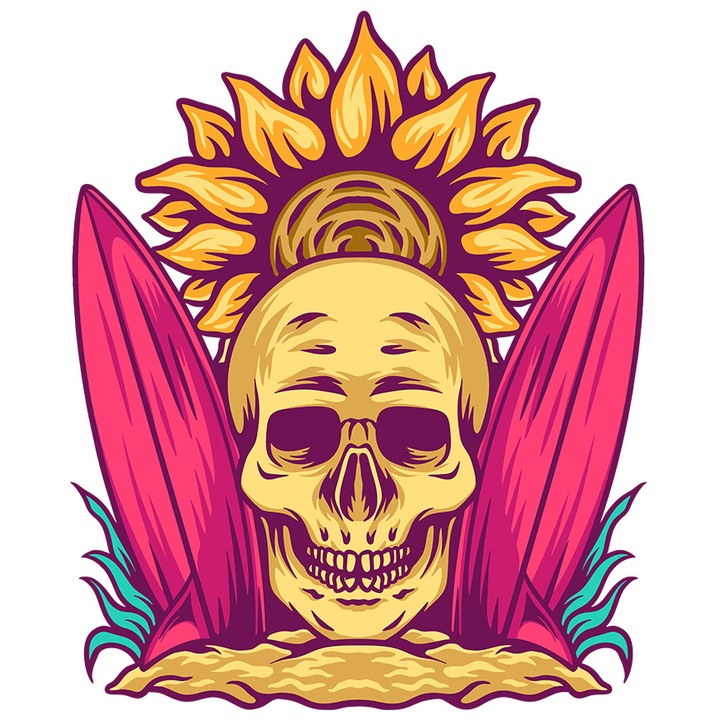 Sticker Cu Craniu, Plaja, Soare, Placi De Surf, Nisip, Plante, cu Margini Albe, PVC Vinyl 10 cm