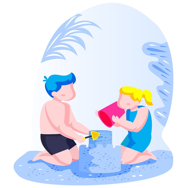 Sticker Cu Copii, Castel, Nisip, Vacanta, cu Margini Albe, PVC Vinyl 15 cm