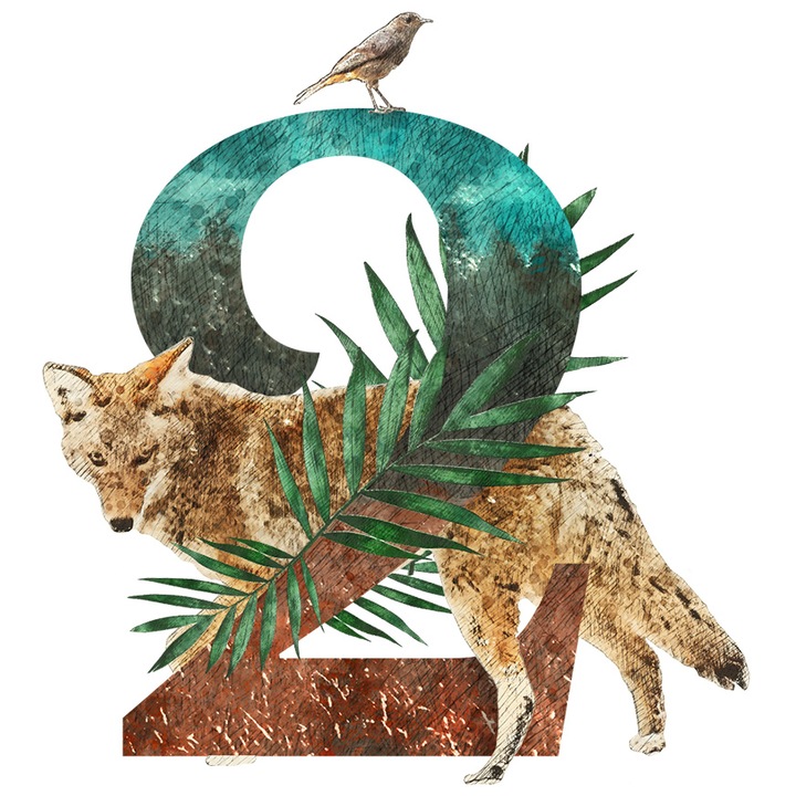 Стикер с цифра, 2, лисица, птица, листа, с бели ръбове, PVC винил 10 см