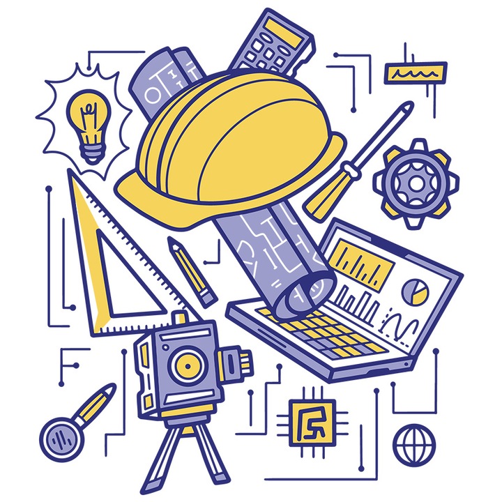 Sticker Cu Casca, Compas, Laptop, Inginerie, Plan, Calculator, cu Margini Albe, PVC Vinyl 10 cm