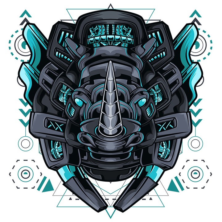 Sticker Cu Cap De Rinocer, Mecha, Robot, SF, Cyberpunk, cu Margini Albe, PVC Vinyl 28 cm