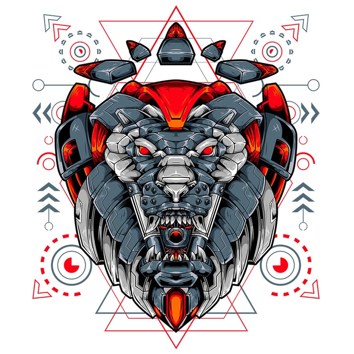 Sticker Cu Cap De Leu, Robot, Geometric, Cyberpunk, SF, cu Margini Albe, PVC Vinyl 40 cm