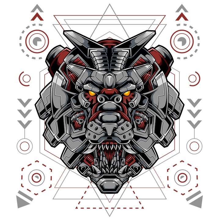 Sticker Cu Cap De Leu, Robot, Cyberpunk, Geometric, cu Margini Albe, PVC Vinyl 28 cm