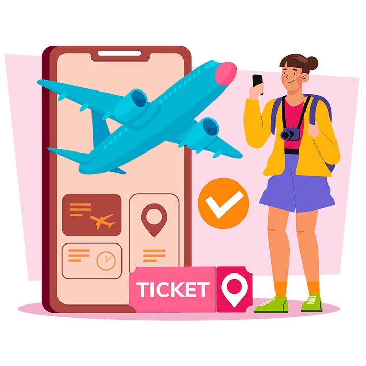 Sticker Cu Calatorie, Avion, Bilet, Telefon, Planificator, Aparat Foto, cu Margini Albe, PVC Vinyl 10 cm