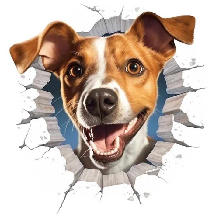 Matrica Kutyával, Portré, Repedés, Fal, Mosoly, Fehér szélekkel, PVC Vinyl 23 cm