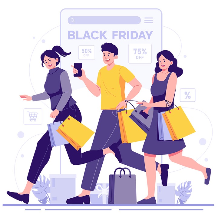 Sticker Cu Black Friday, Eveniment, Cumparaturi, Punga, Plante, Reduceri, cu Margini Albe, PVC Vinyl 10 cm