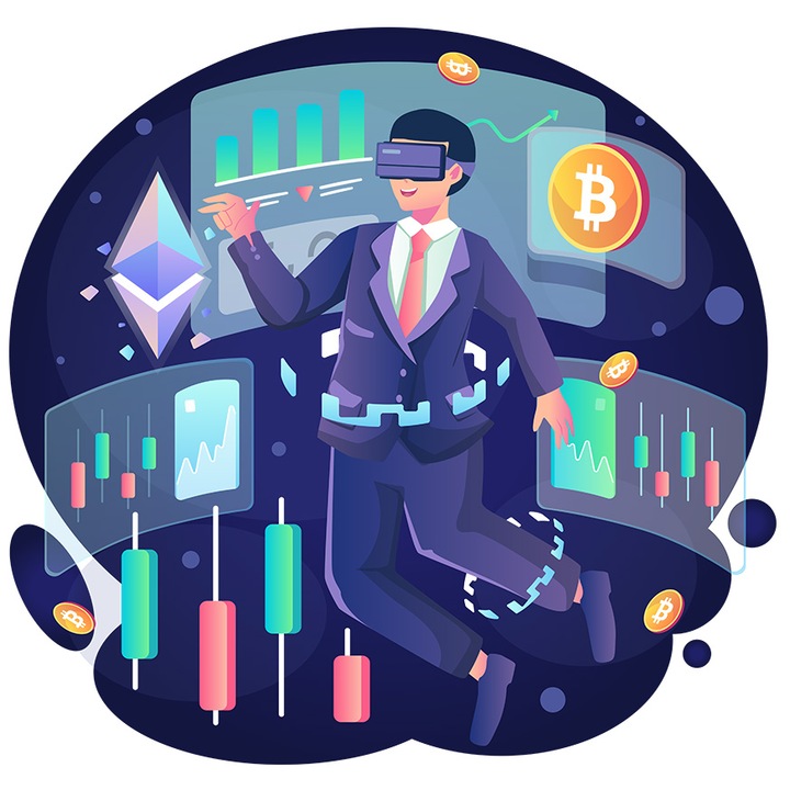 Sticker Cu Bitcoin, Moneda, Crypto, VR, Investiti, Grafice, cu Margini Albe, PVC Vinyl 28 cm