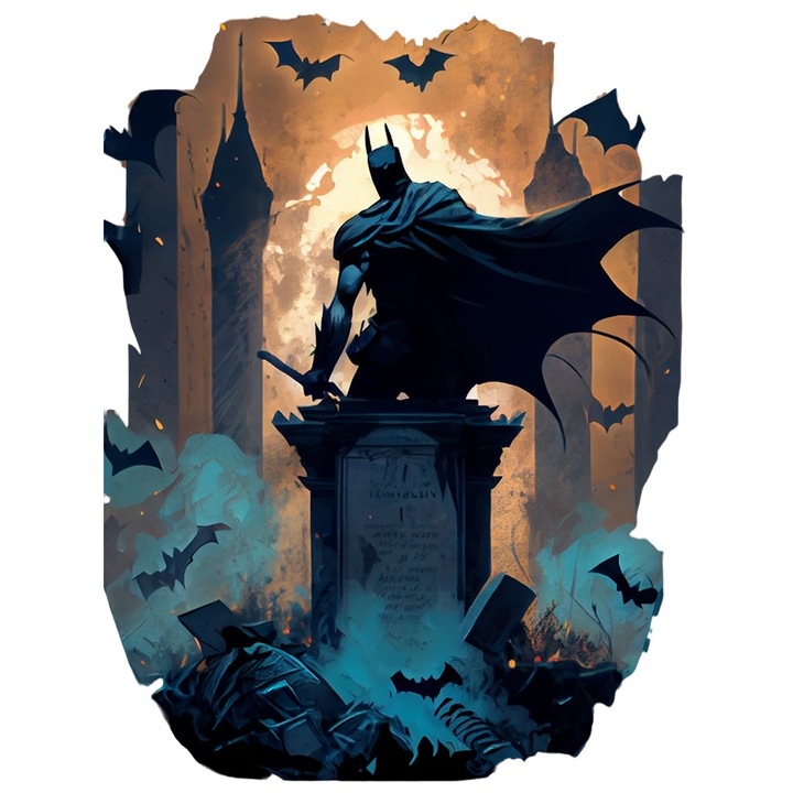 Sticker Cu Batman, DC, Monument, Lilieci, Castel, Apus, cu Margini Albe, PVC Vinyl 70 cm